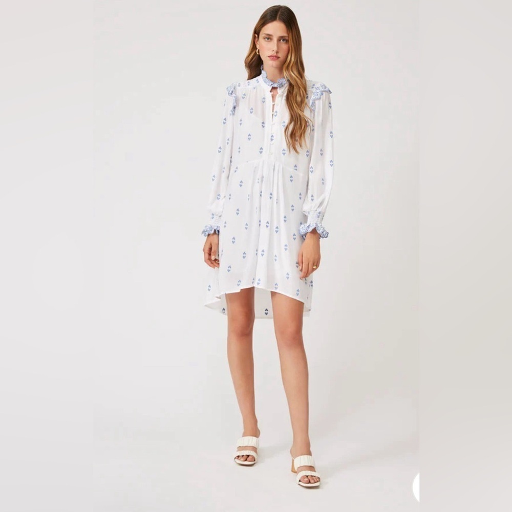 Suncoo Calais Dress  embroidered white blue long sleeves mini